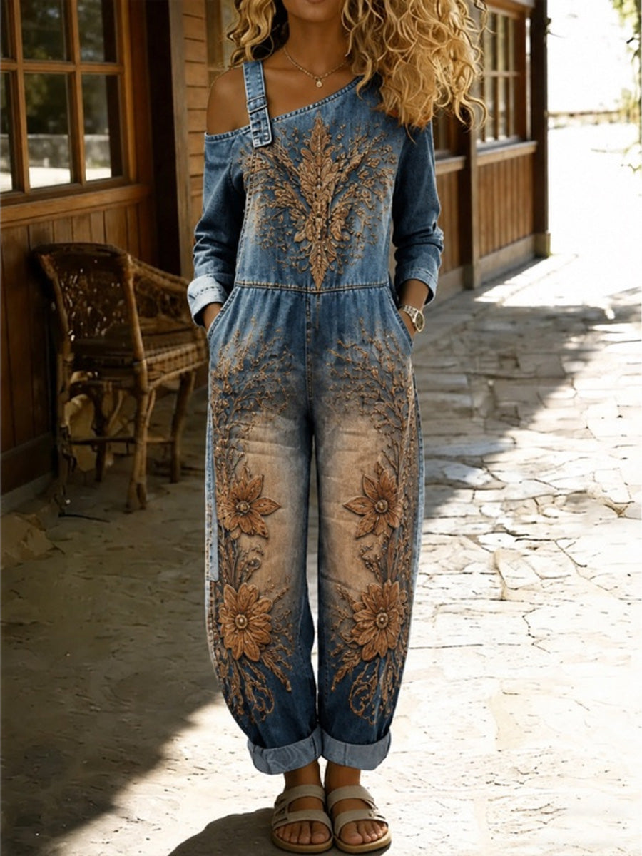 Women's Retro Style Floral Art Print Washed Cotton Denim Patchwork Jumpsuit